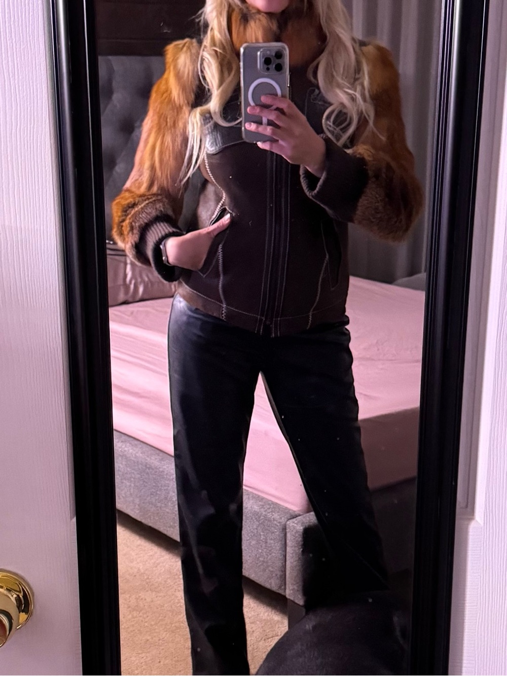 Real fox fur leather warm jacket